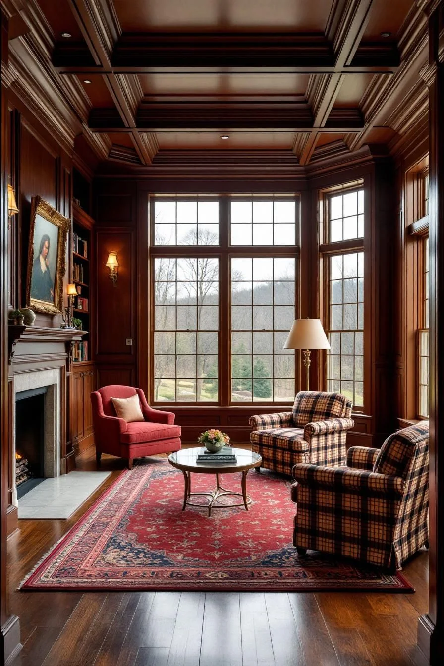 Plaid Accents by the Fireplace