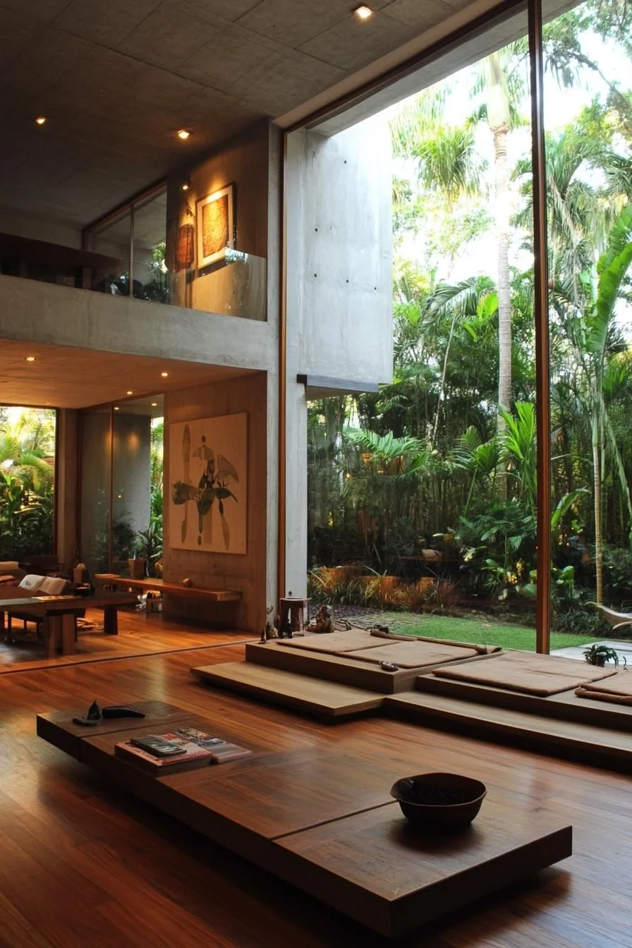 A Tropical Living Room With Tall Ceilings
