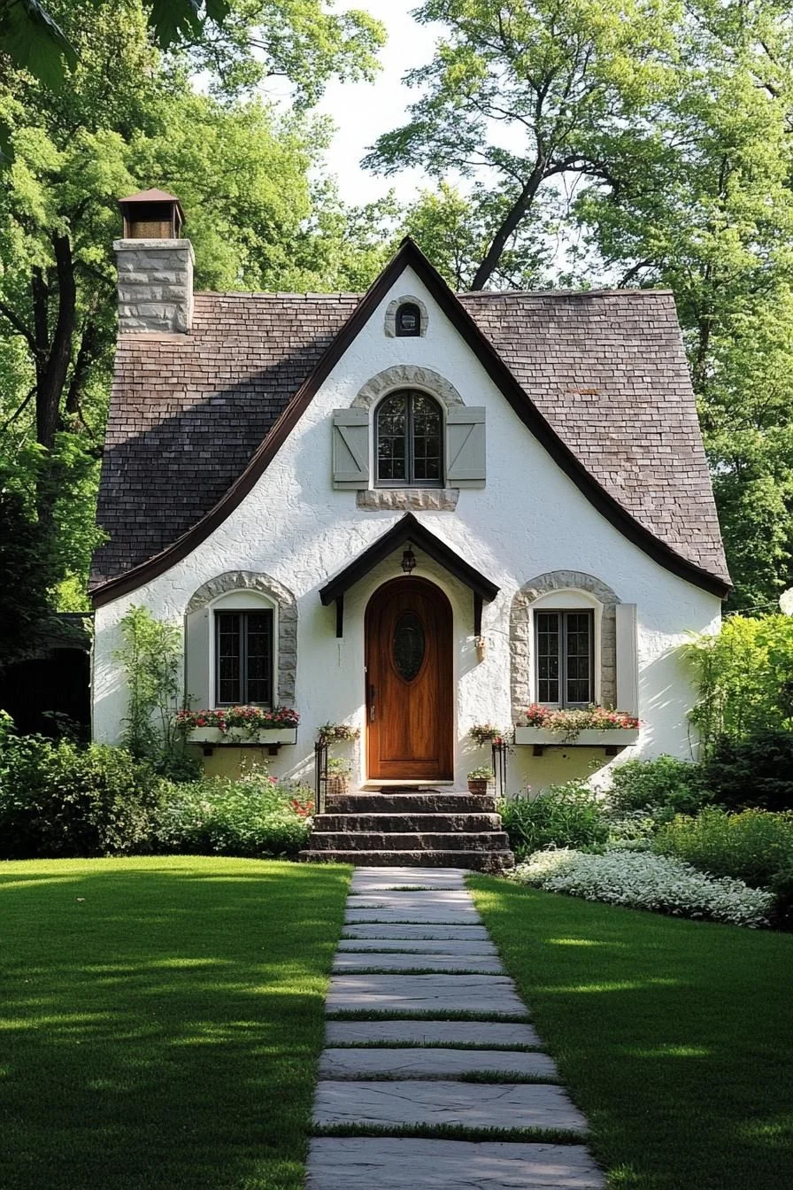 White Cottage Trimmed in Stone