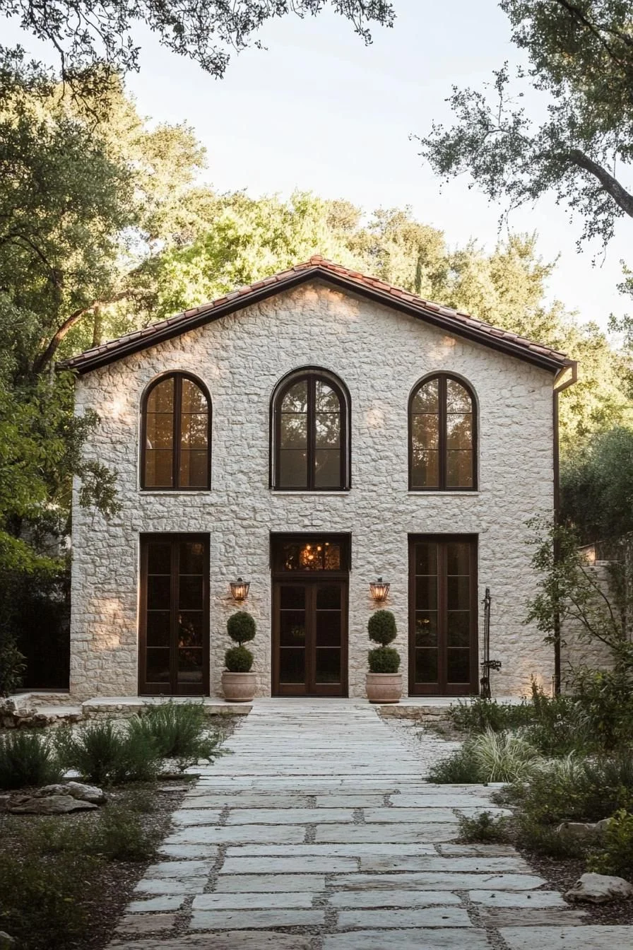 Stone Facade with Arched Details at Dusk