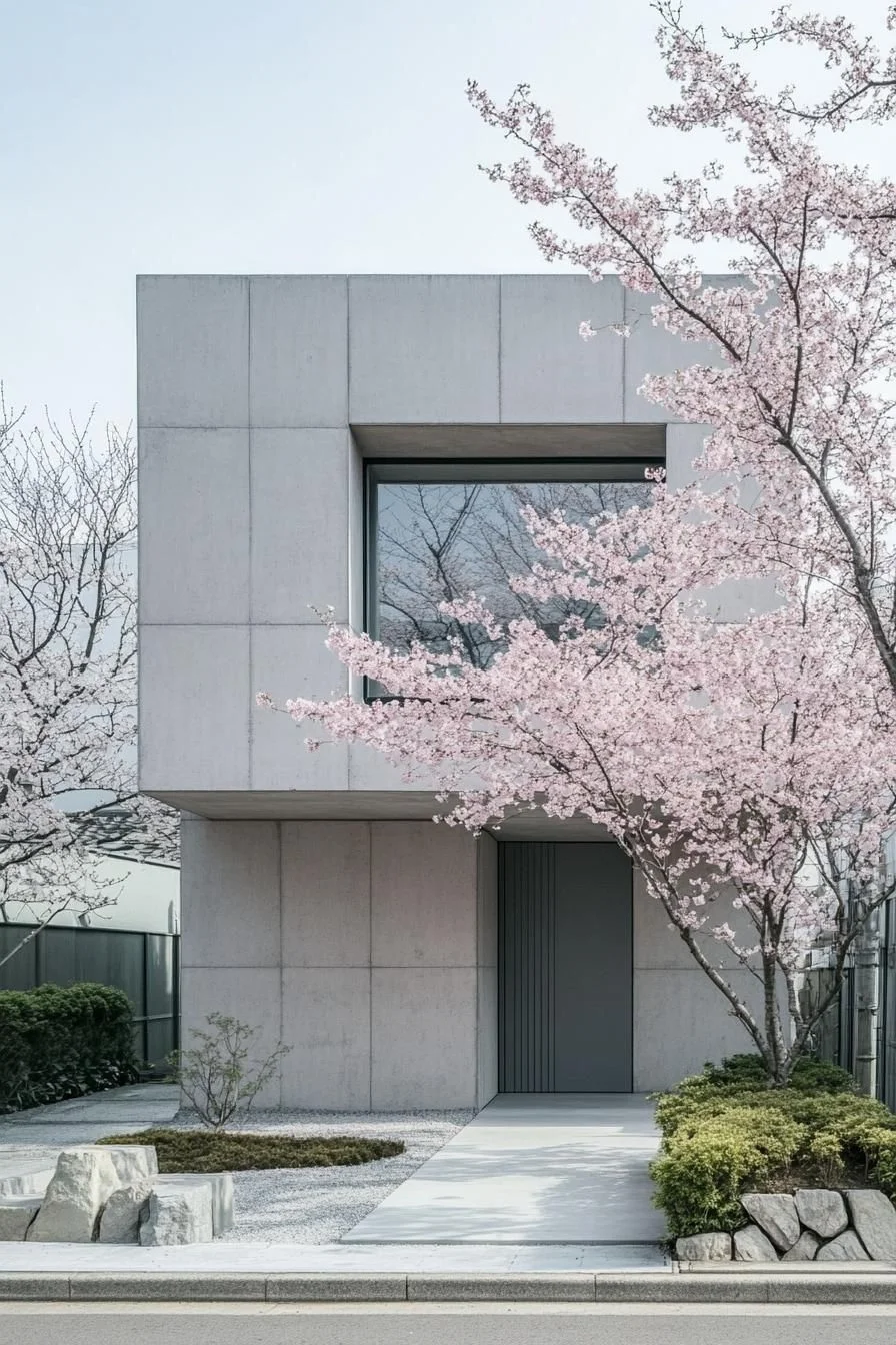 A Concrete Zen Cube Among Cherry Blossoms