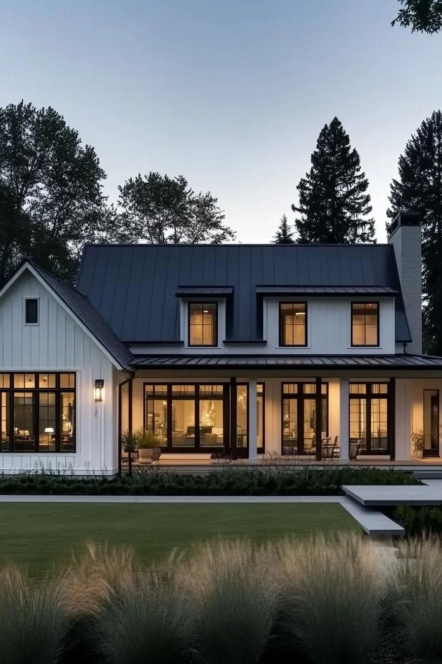 A One-Story Home Lit Up at Night