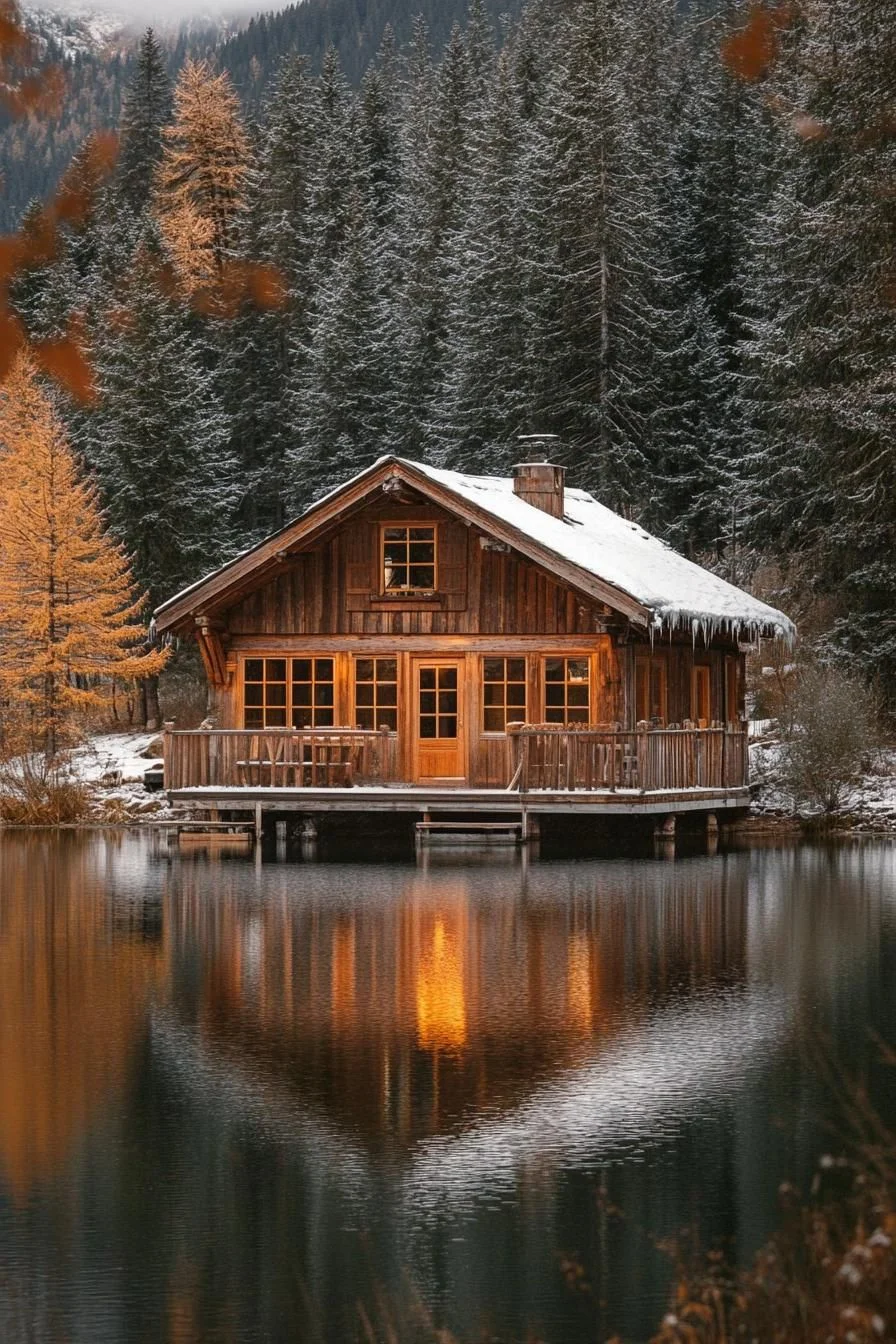 Cabin Lights Reflected on Ice-Capped Waters