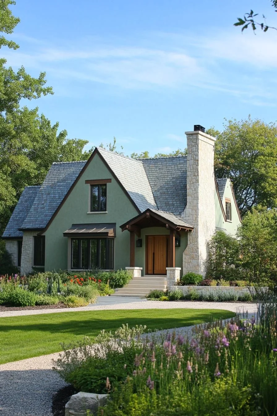 European Cottage Surrounded by Blooming Flowers