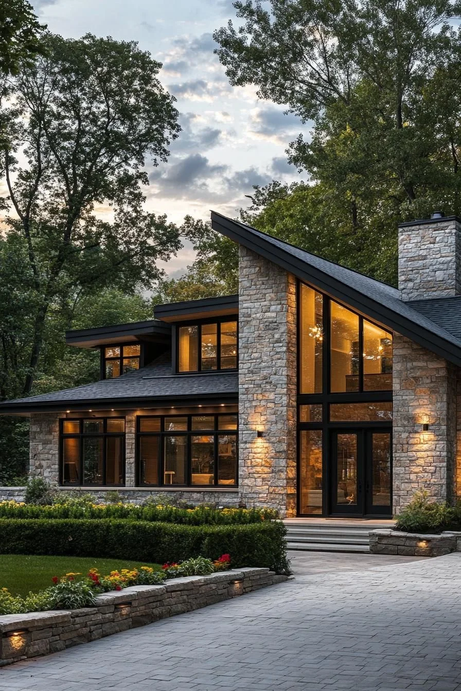 Sloped-Roof Stone Cottage with Glass Accents