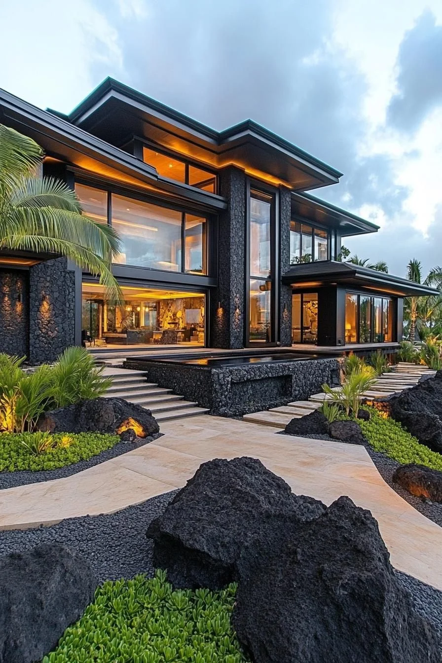 Dark Stone Home With Lush Grounds
