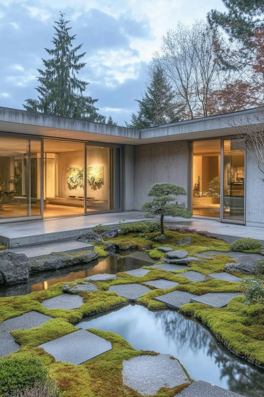 Moss-Covered Corners of a Concrete Courtyard