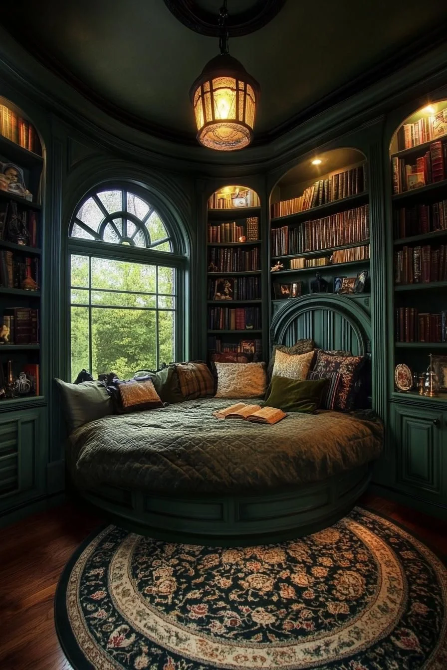 A Round Bed Bedroom Under Moonlight