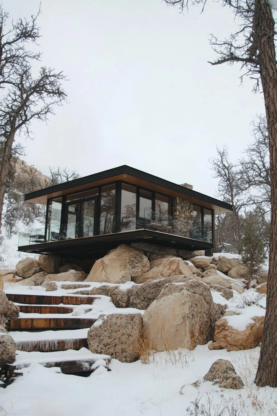 Snowy Cabin Fortress on the Rocks