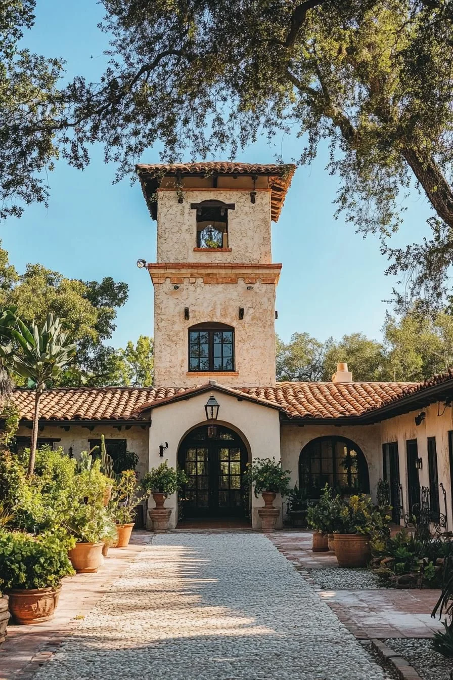Tower-Style Villa Amid Greenery at Sunset