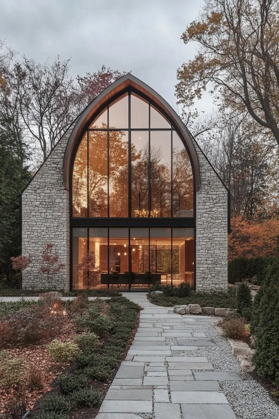 Elegant Stone Home with a Dramatic Window Wall