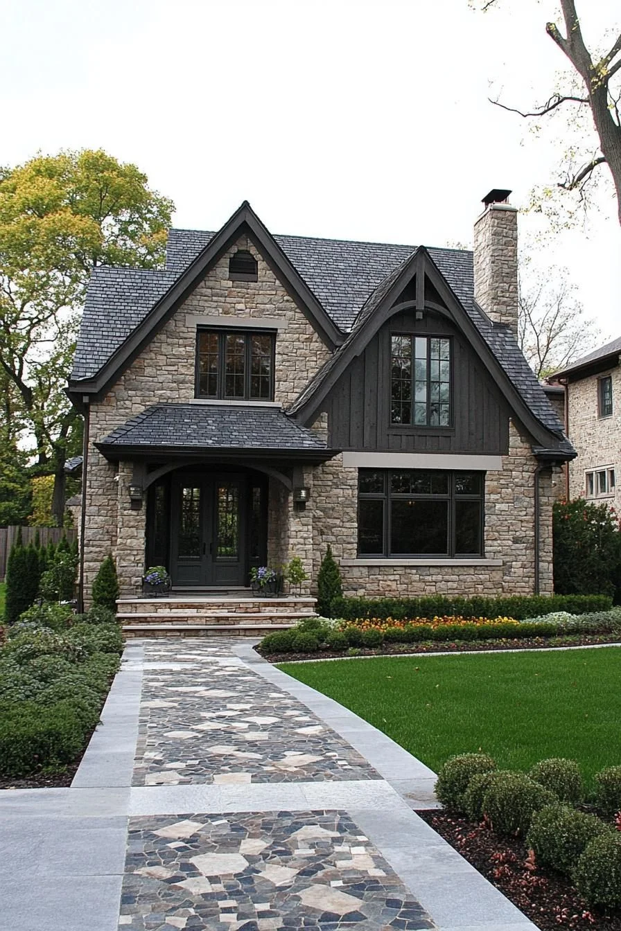 Stately Stone Manor with a Pebble Path