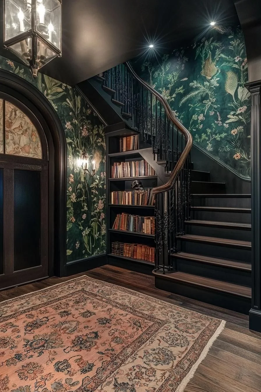 A Floral Wallpaper Staircase With Enchanted Vibes
