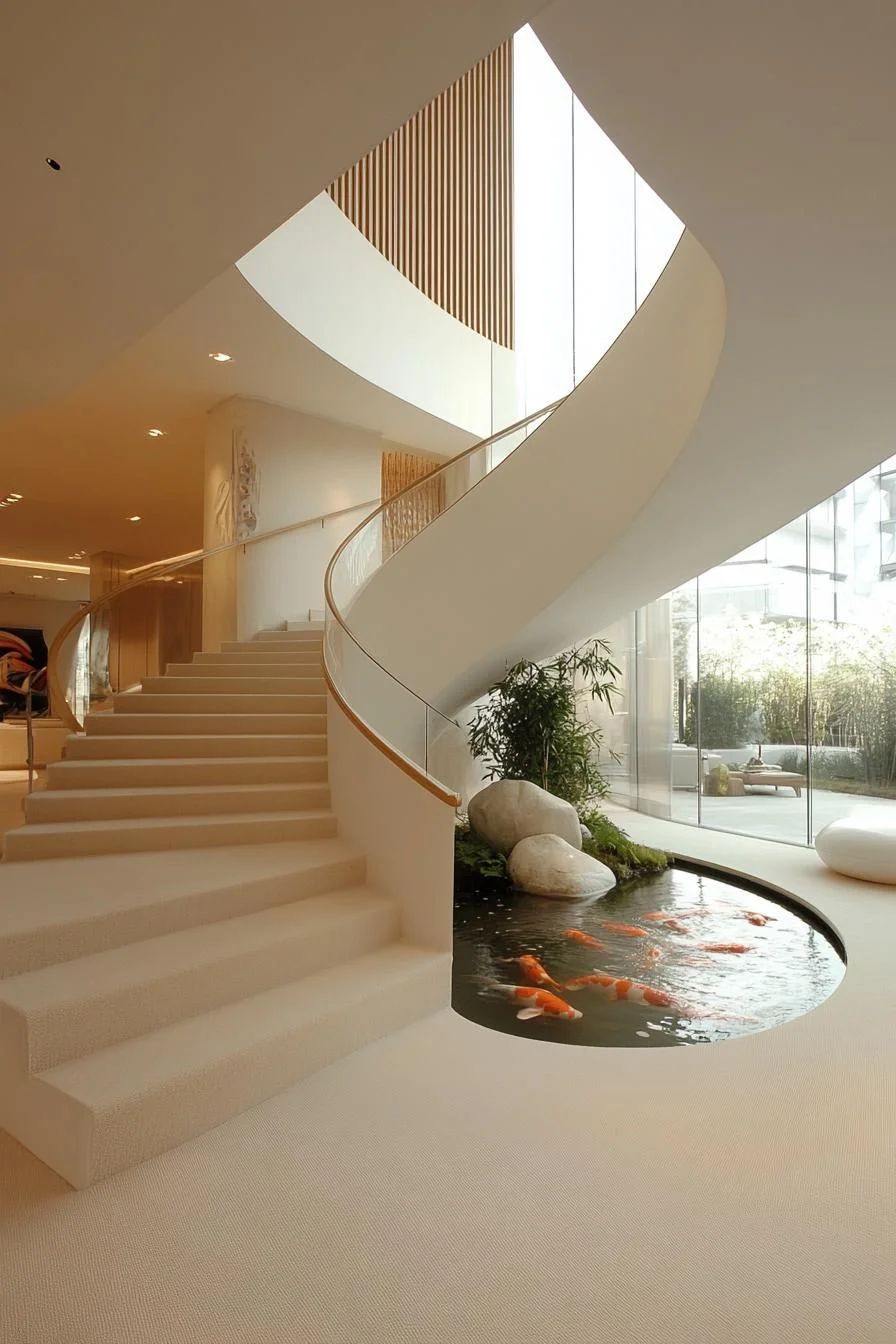 Splashing Elegance: A Staircase Over Koi