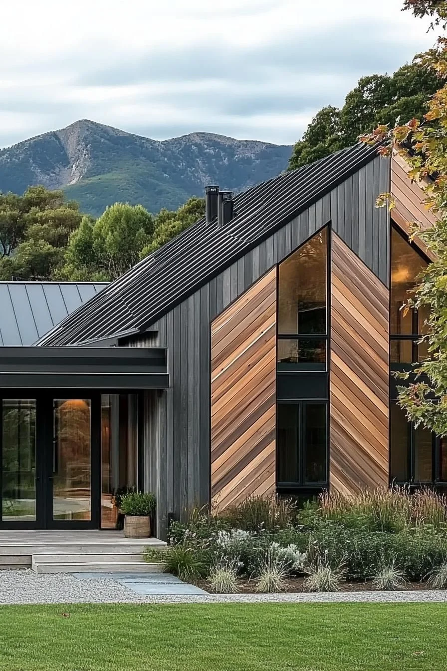 Chevron-Clad Timber Chalet Facade