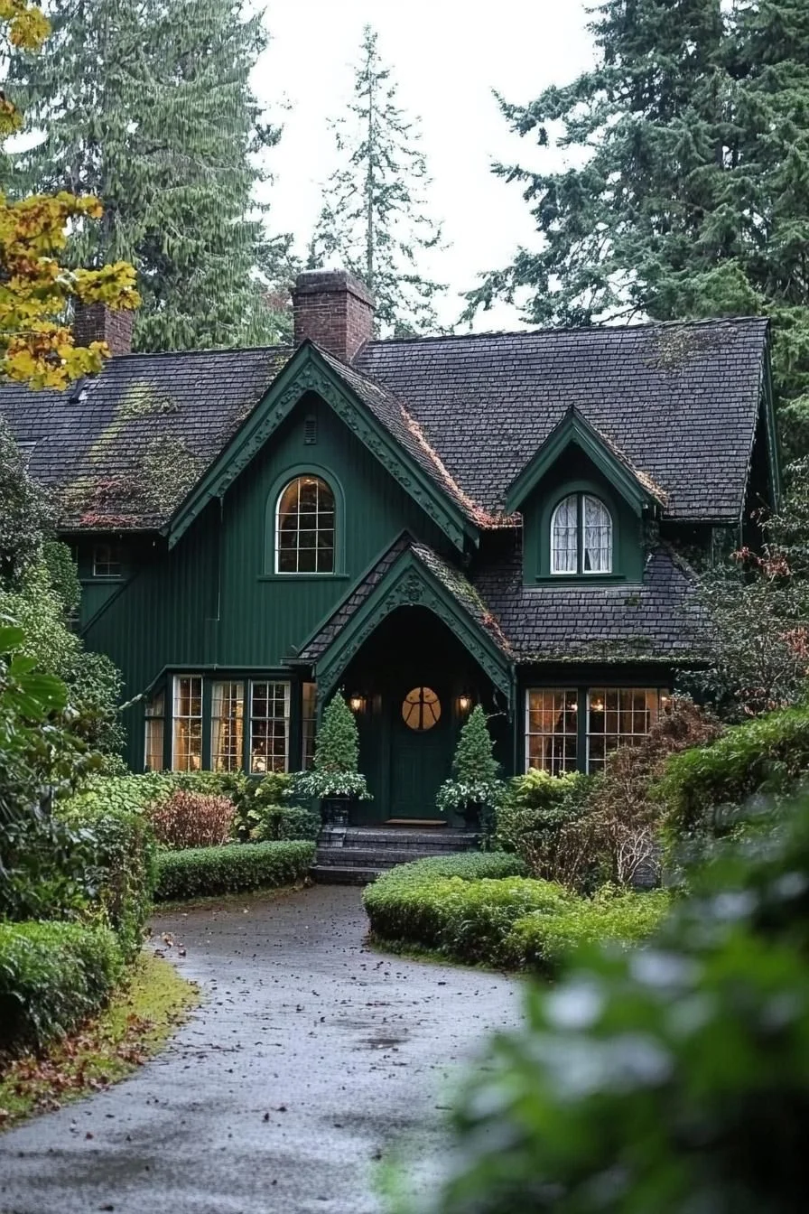 A Dark Green Lodge Among Tall Trees