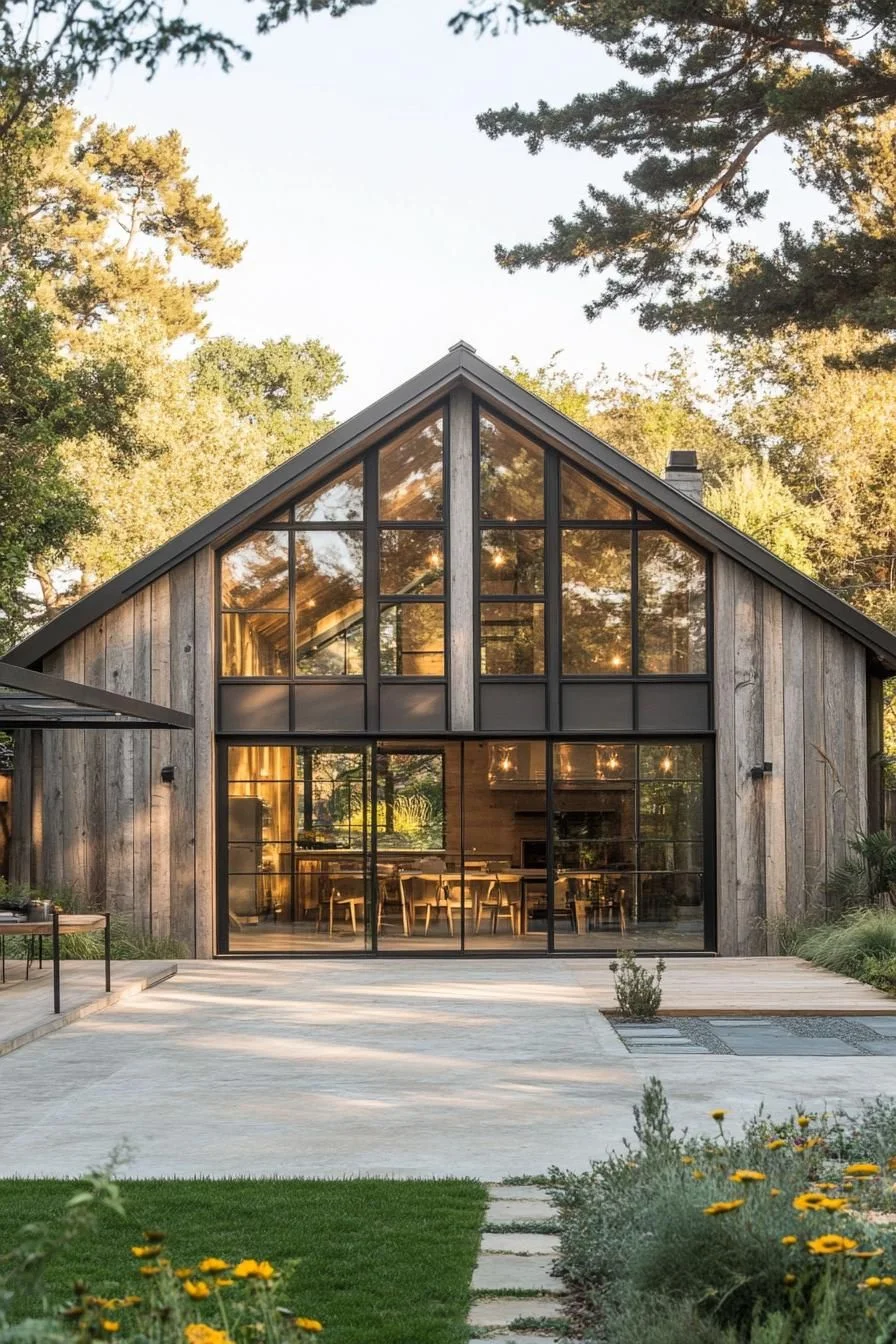 A wide glass front brings natural light deep into this barn house, opening the main living space to the surrounding landscape. The wood exterior keeps a rustic feel while still reading as modern against the greenery outside.