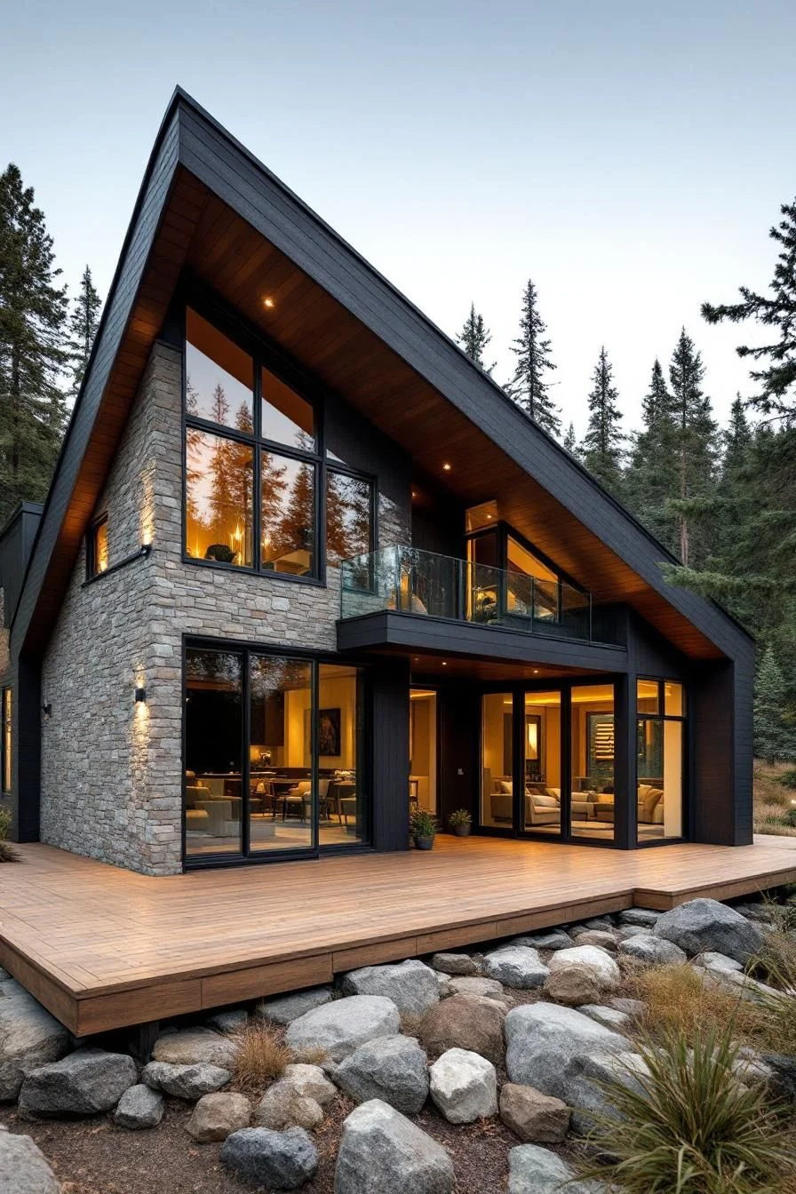Forest Cabin Facade with Stone Detailing