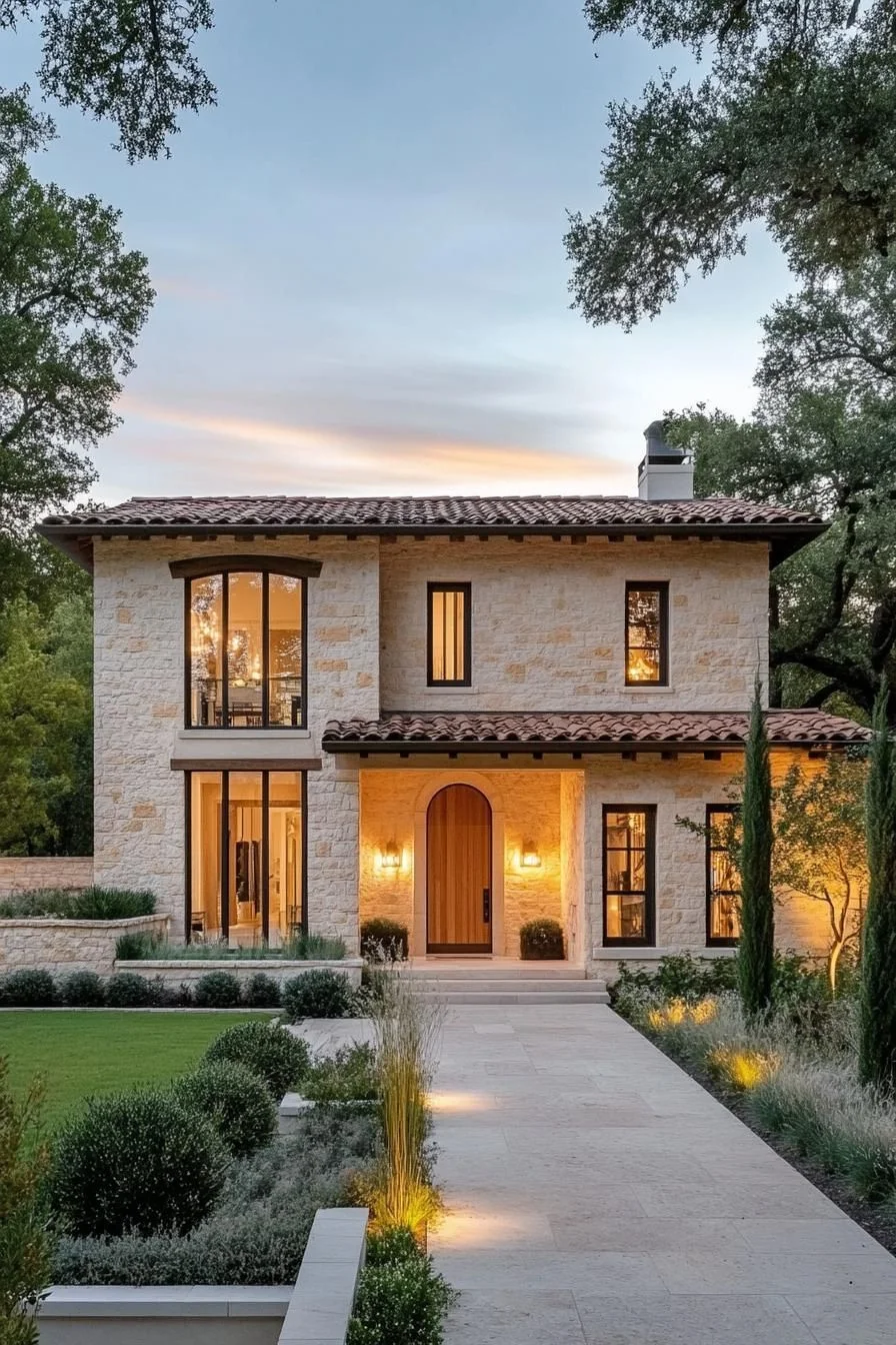 Stone Villa Facade Amid Greenery