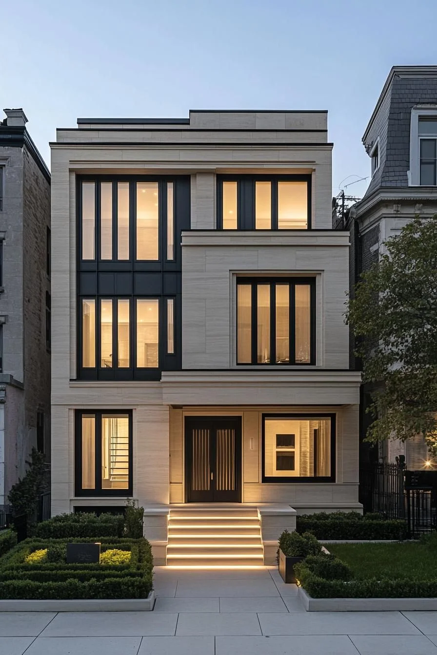 A Modern Neo-Classical House Lit for the Night