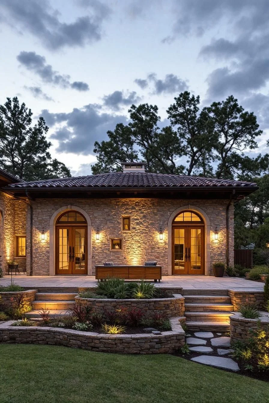 Rustic Stone Facade Lit at Night