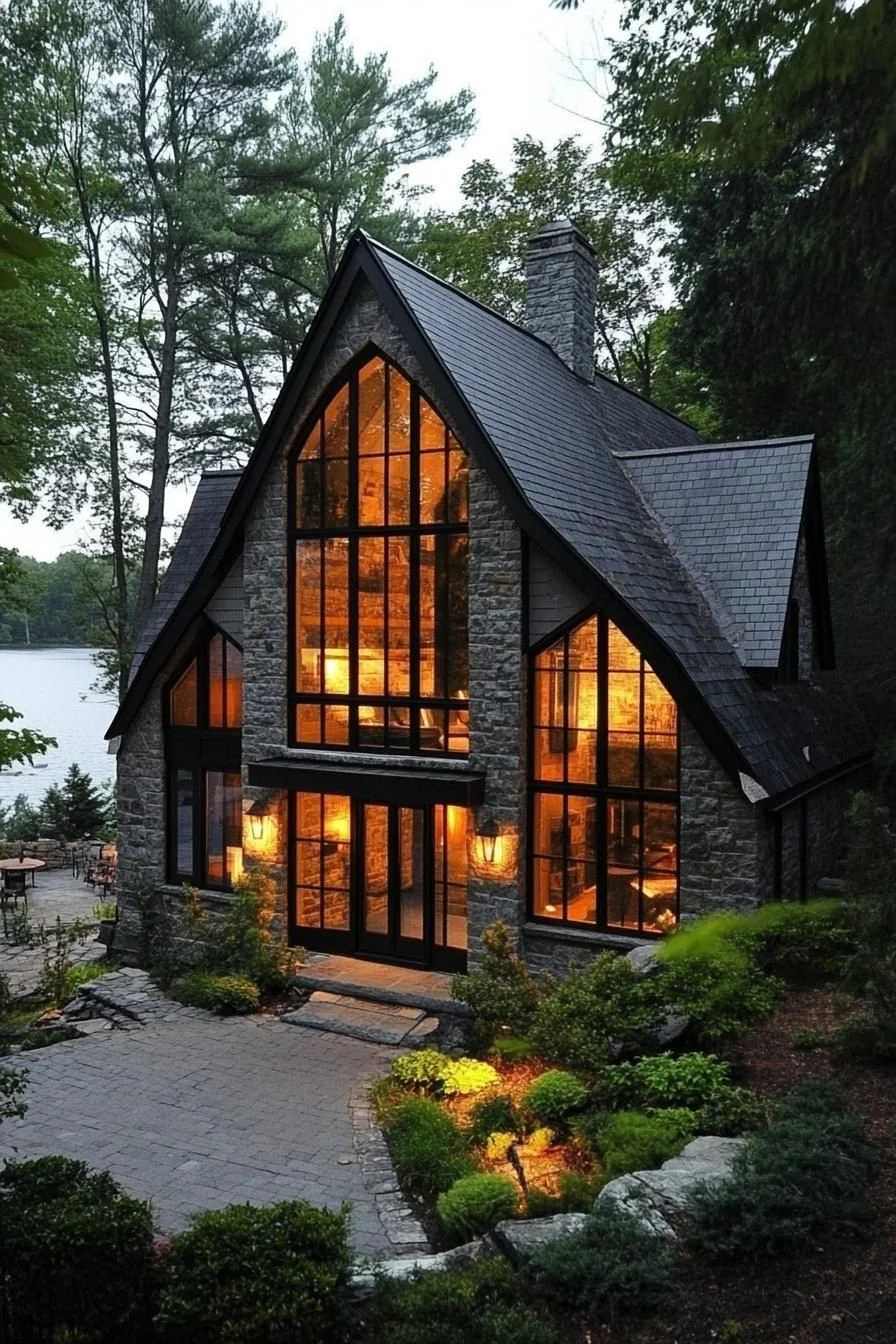 Gothic-Style Stone Cottage with Warm Lighting