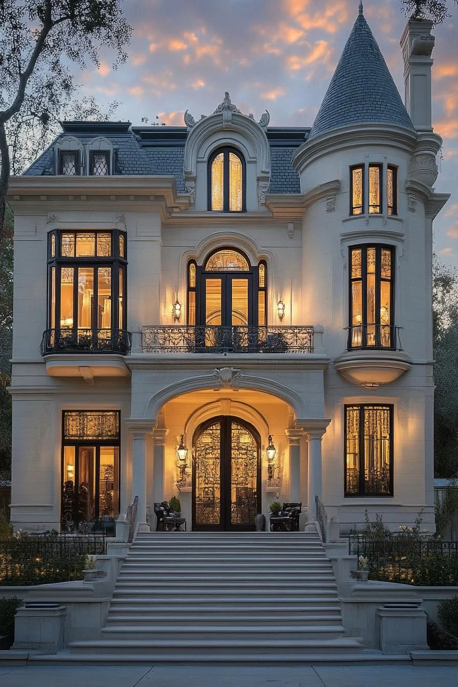 Victorian Mansion Glowing at Dusk