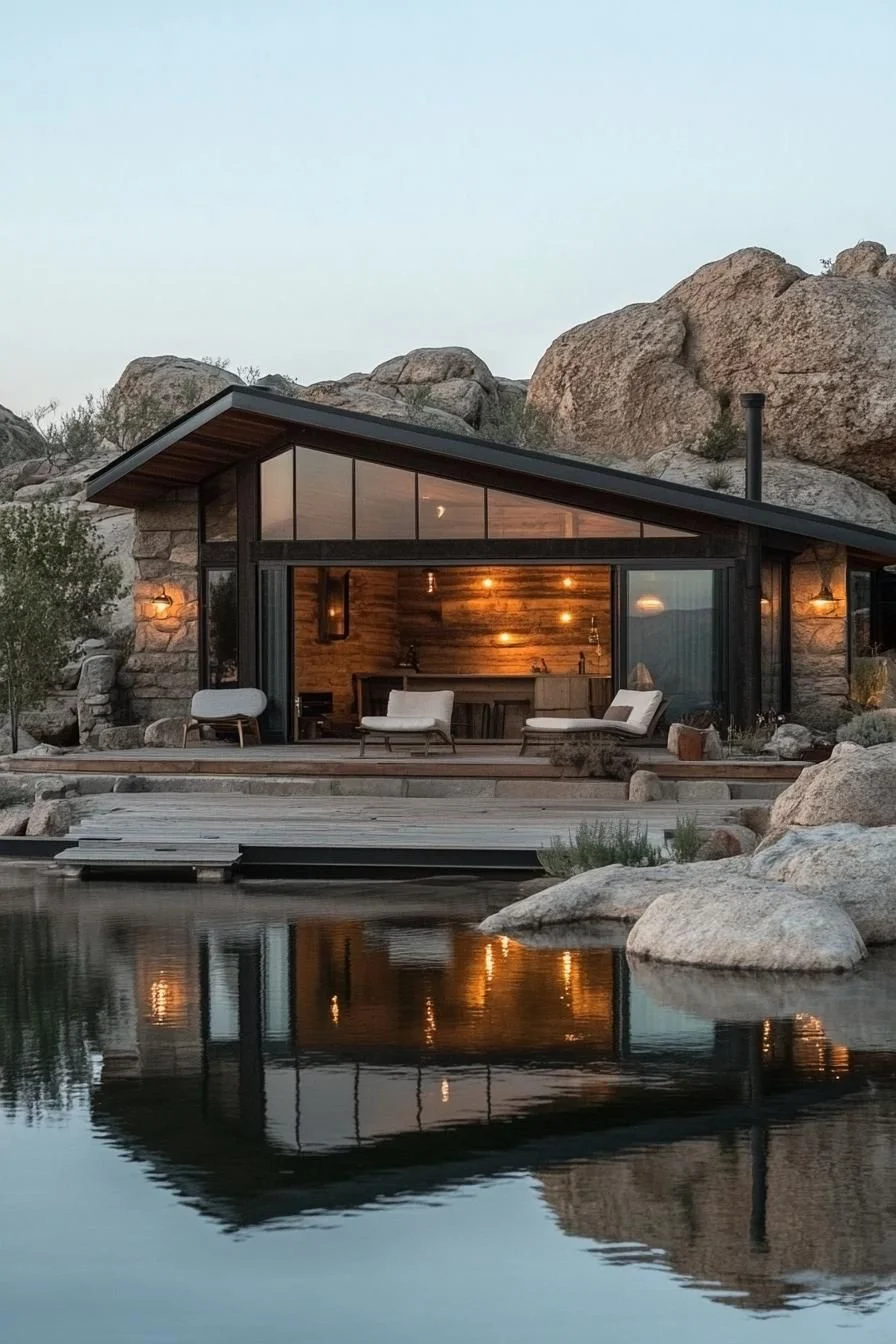 A Boulder-Framed Cabin by the Lake