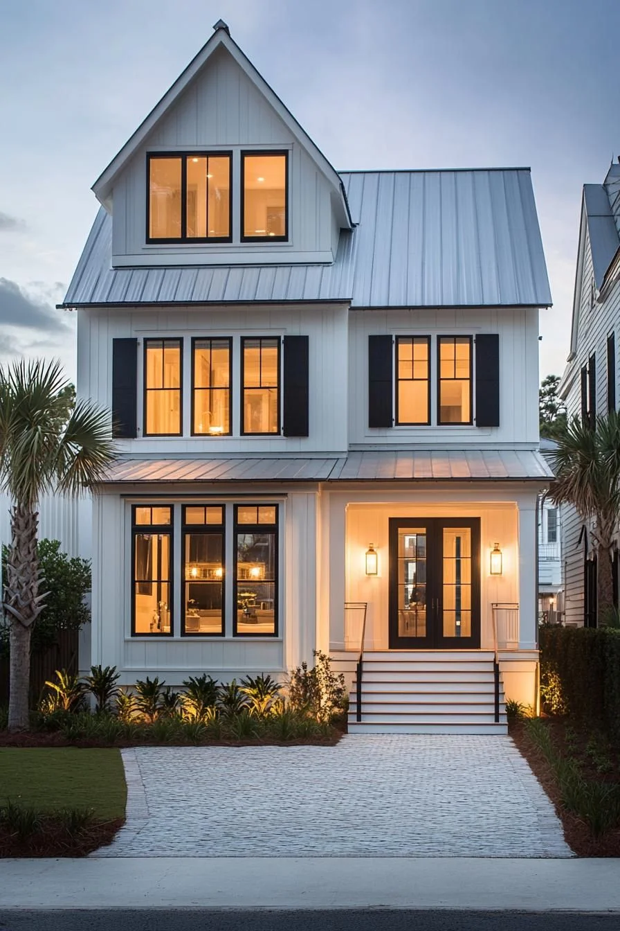 A Warmly Lit Coastal House at Dusk