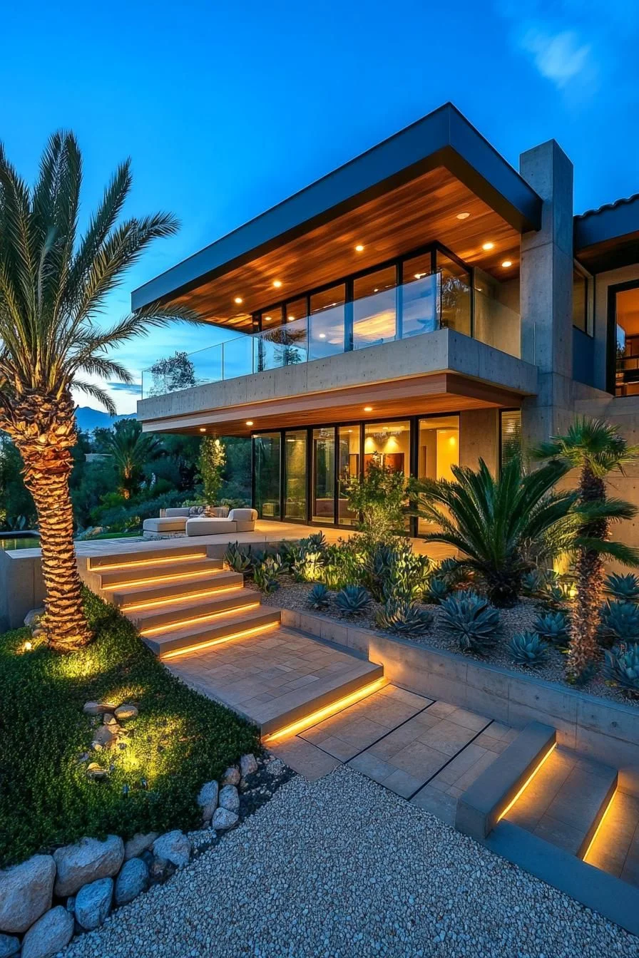 Two-Story Villa Glowing at Sunset