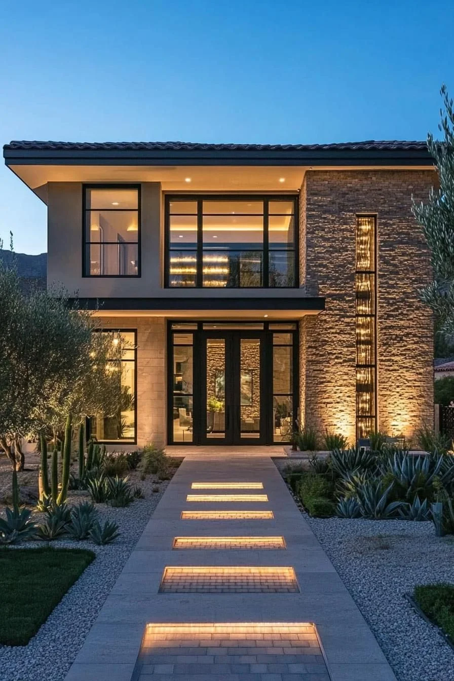A Mediterranean Home Glowing at Dusk
