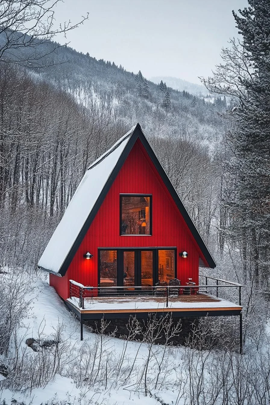 A Red A-Frame Among Snowy Pines