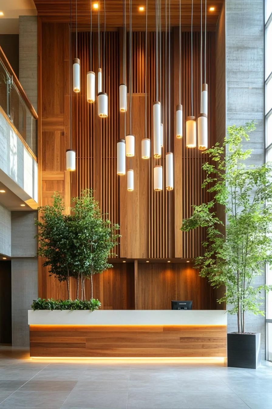 Wood Slats and Layered Pendant Lighting