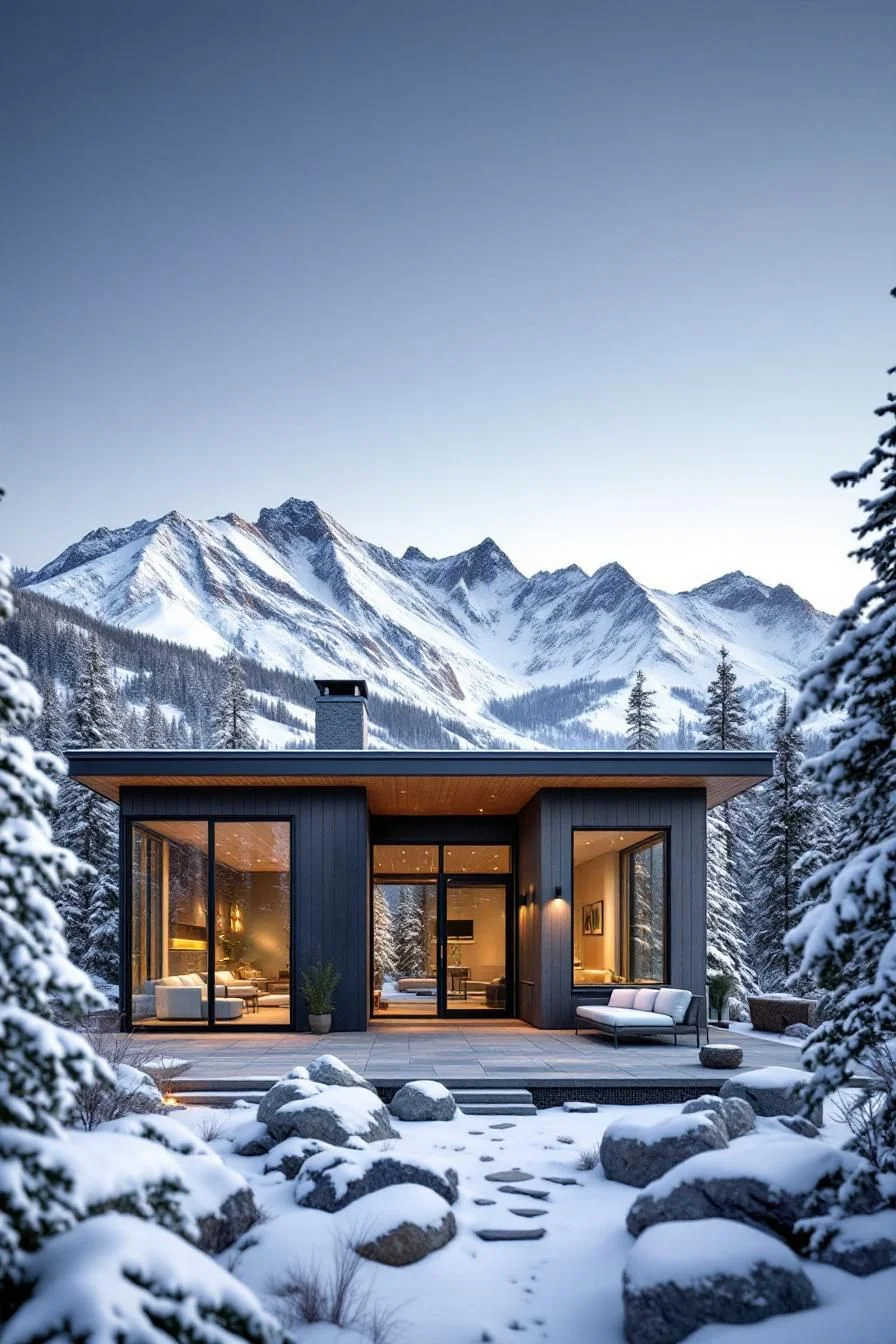 Snow-Covered Minimalist Cabin Design