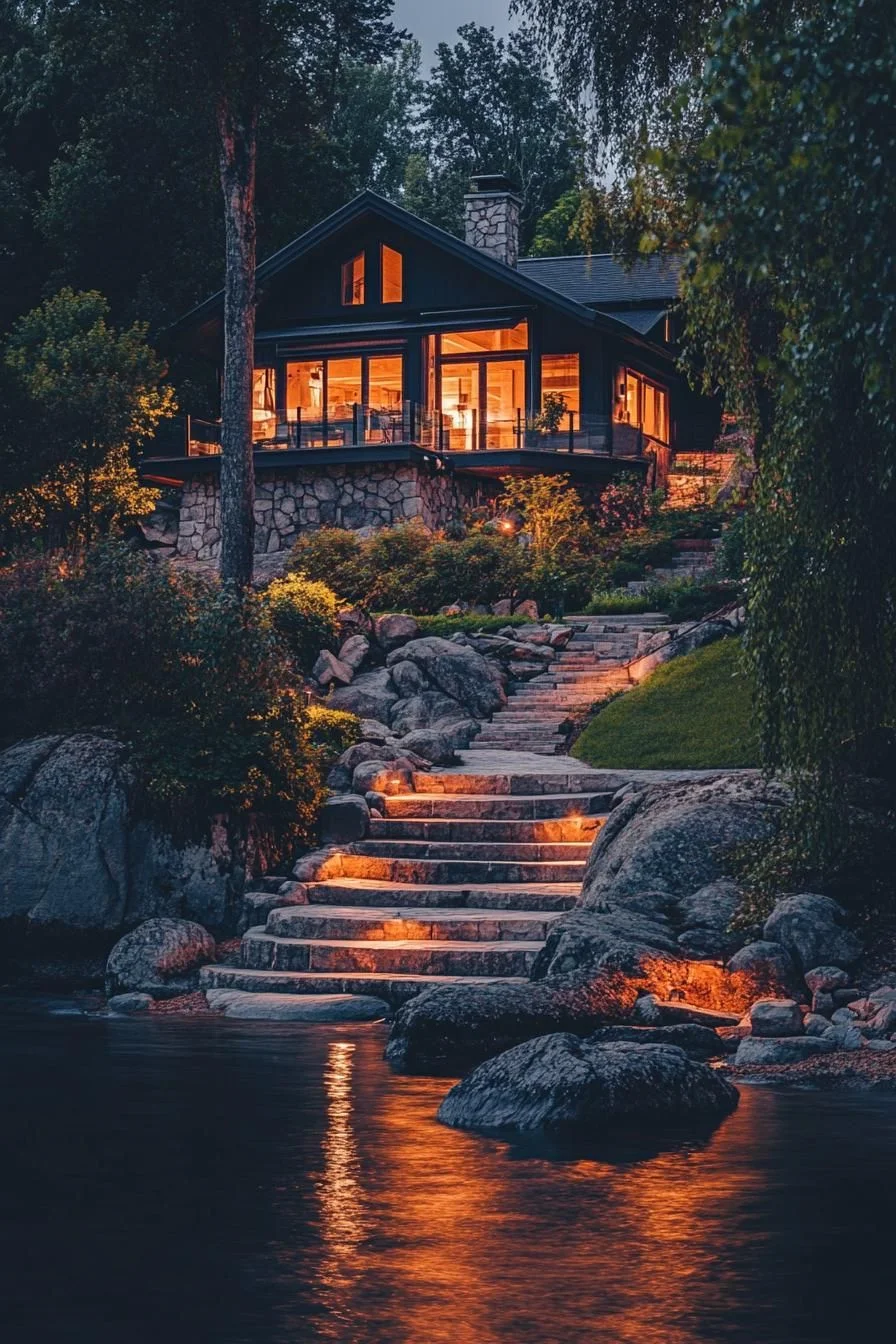 Lakefront Cottage Glowing at Dusk