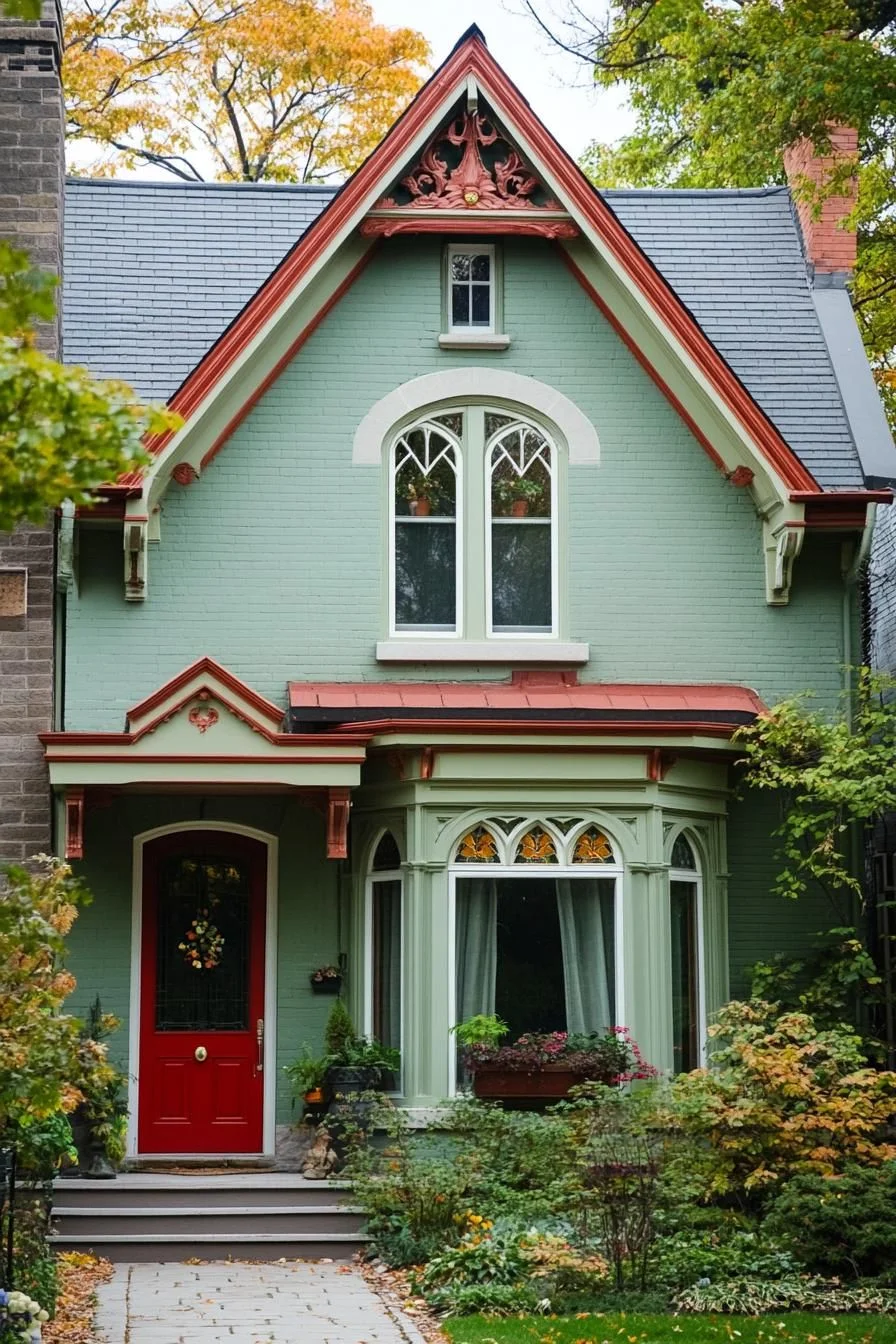 A Green Gothic Home With a Red Door