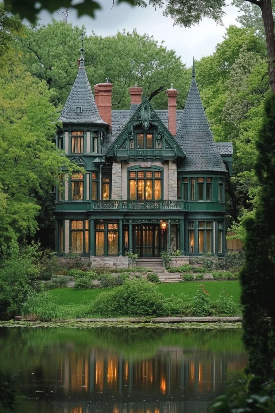 A Victorian Mansion Set by a Pond