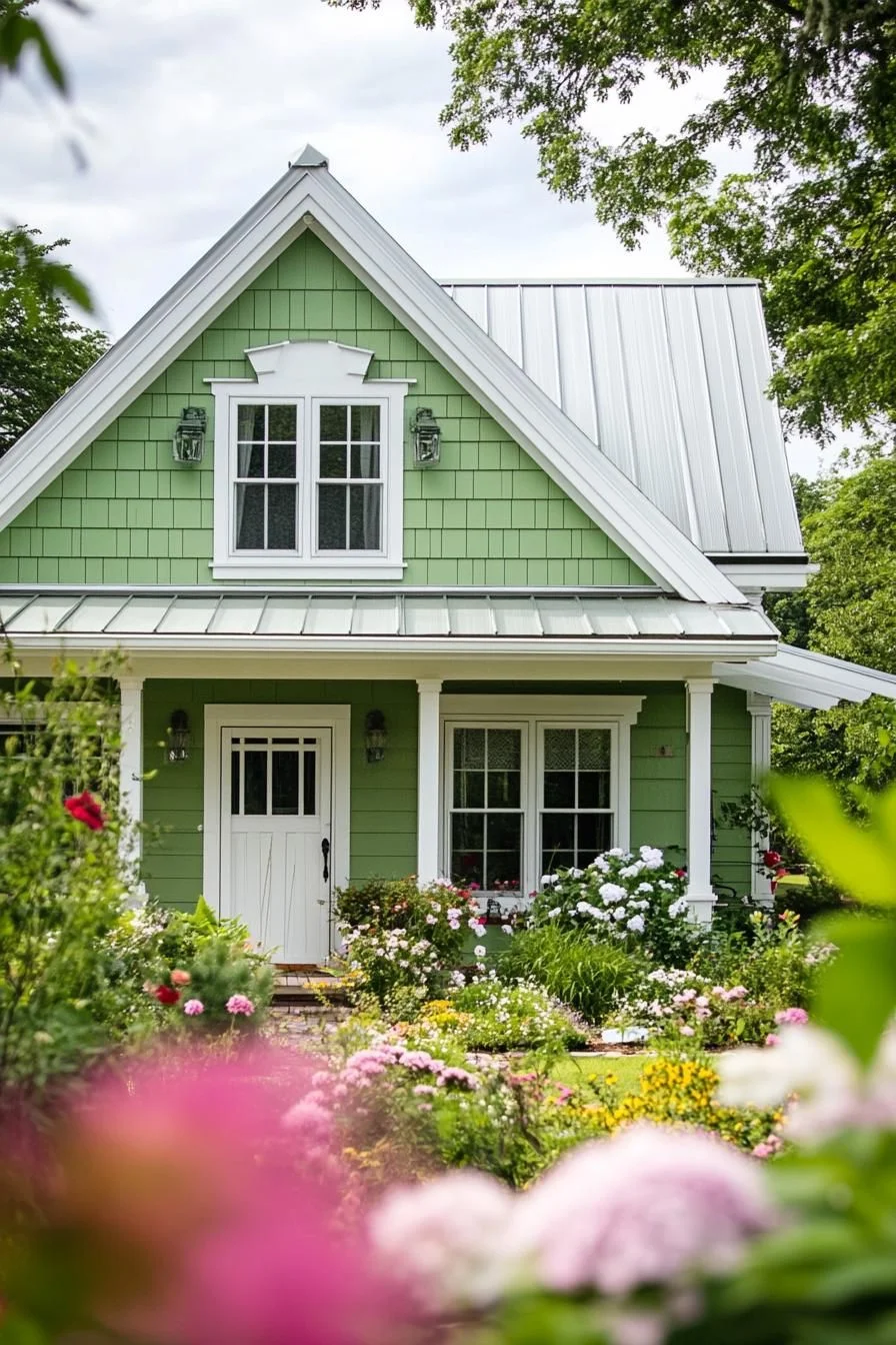 A Mint Cottage Surrounded by Flowers