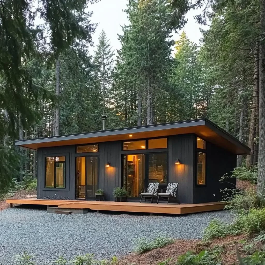 A Dark Wood Cabin Among Cedars