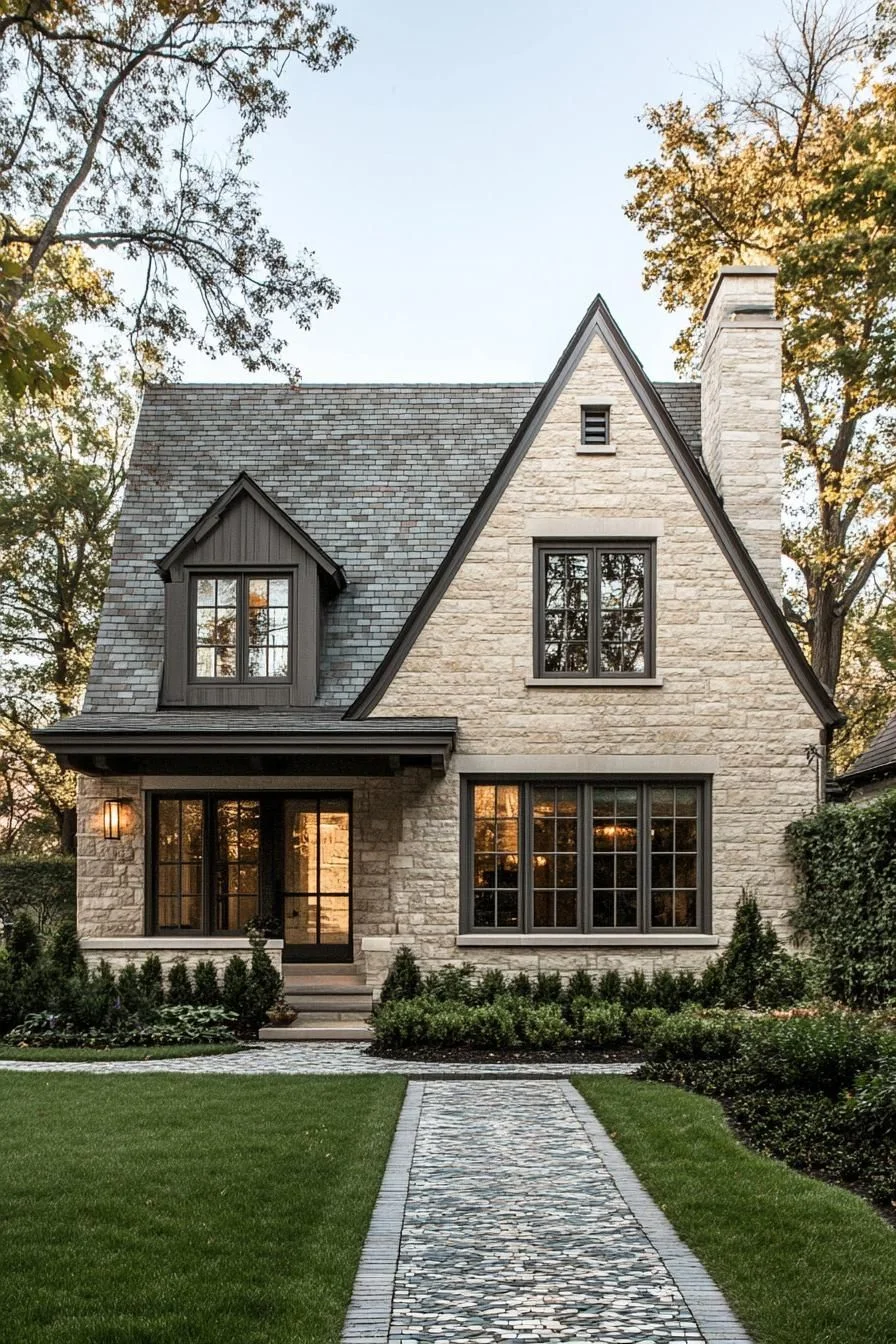 Charming Stone Home with a Pebble Walkway