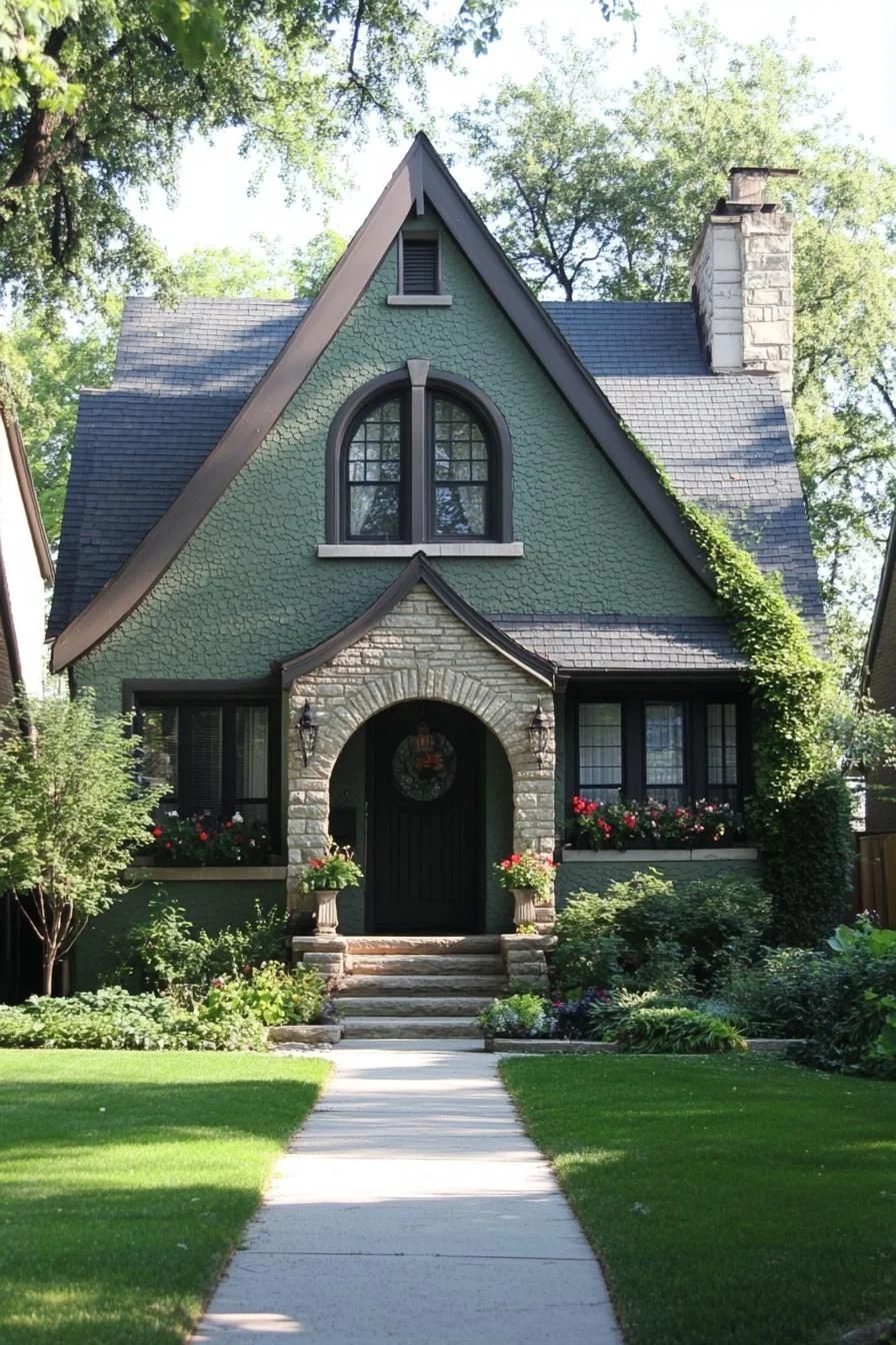 A Stone Home With Green Archway Details