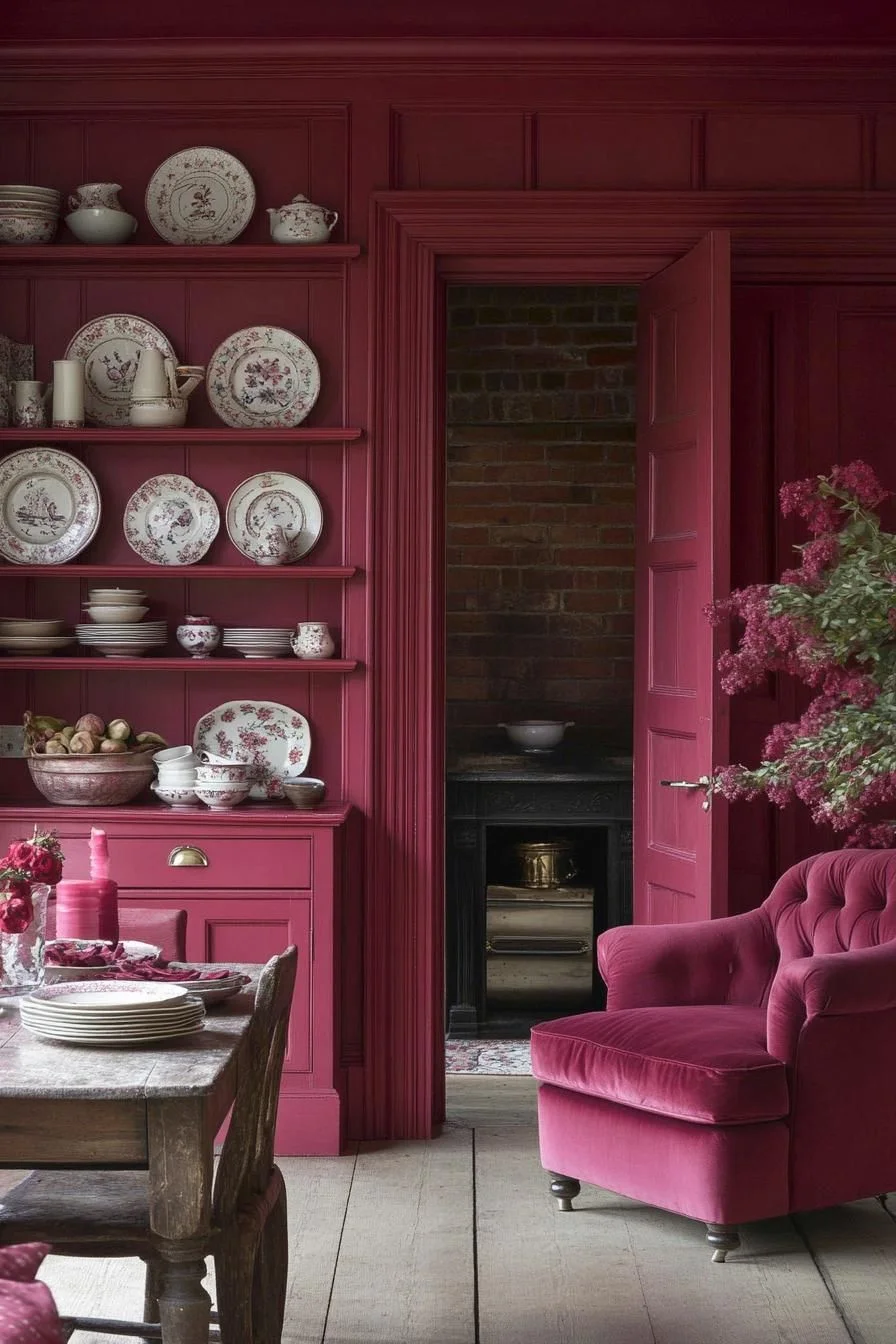 A Velvet-Draped Hearth Nook in Crimson