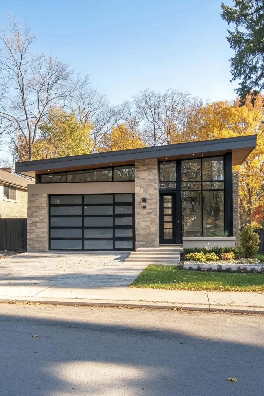 A Slanted Brick Home Under Sunny Skies