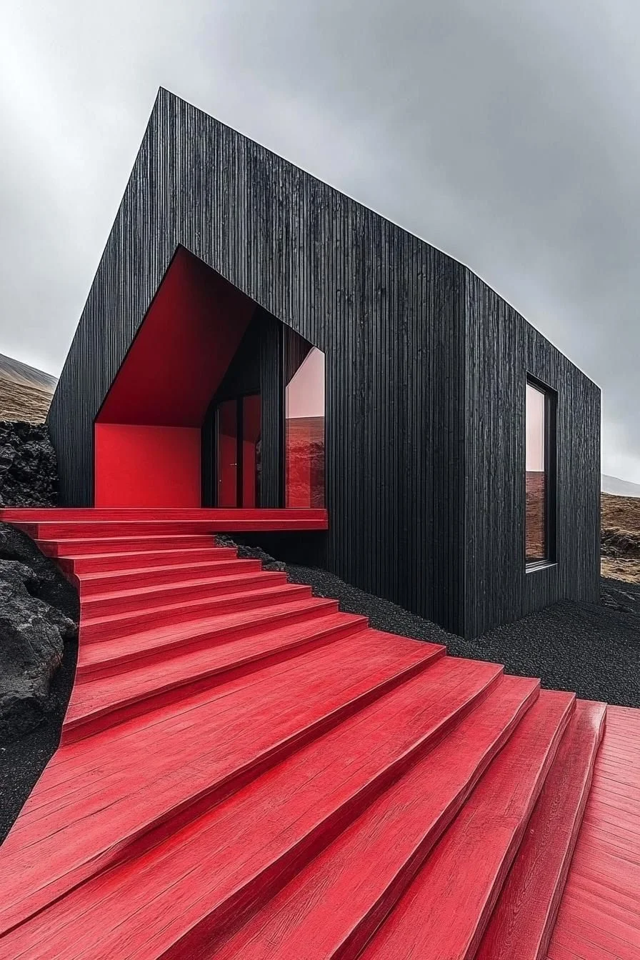 Charcoal Timber Facade with Crimson Steps