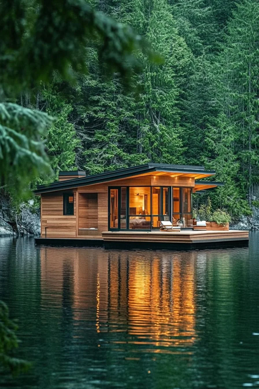 Lake-Anchored Floating Timber Cabin