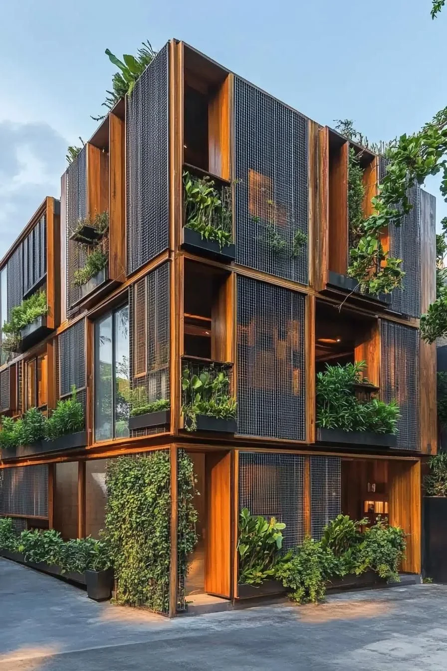 Stacked Wood Cube Facade with Greenery