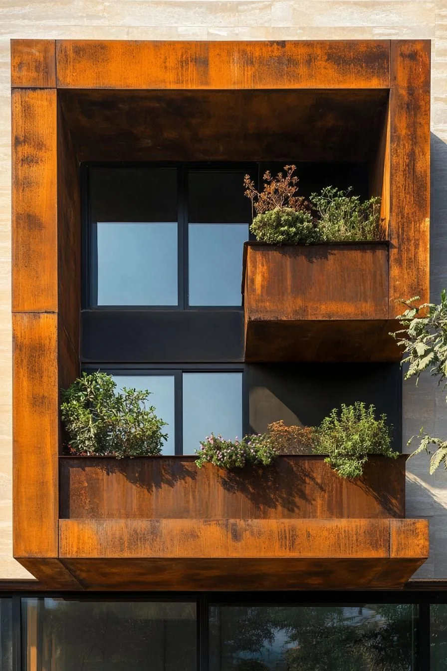 A Rustic Steel Frame Holds a Balcony Garden