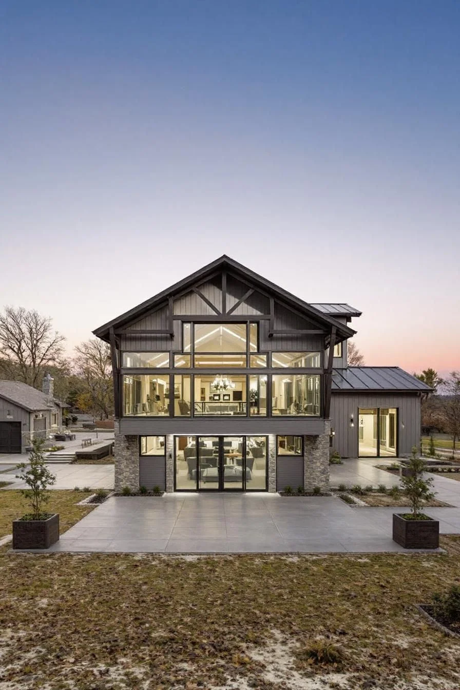 A Glass-Faced Barndominium Near Twilight