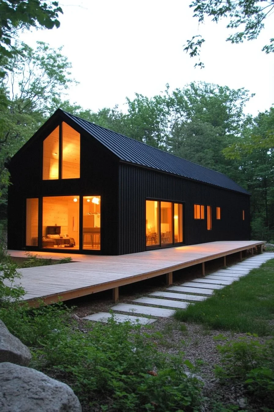Black Timber Long House Glowing at Night