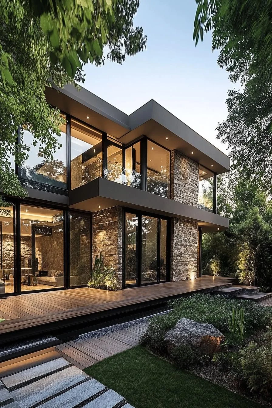 Two-Story Glass Home Surrounded by Greenery